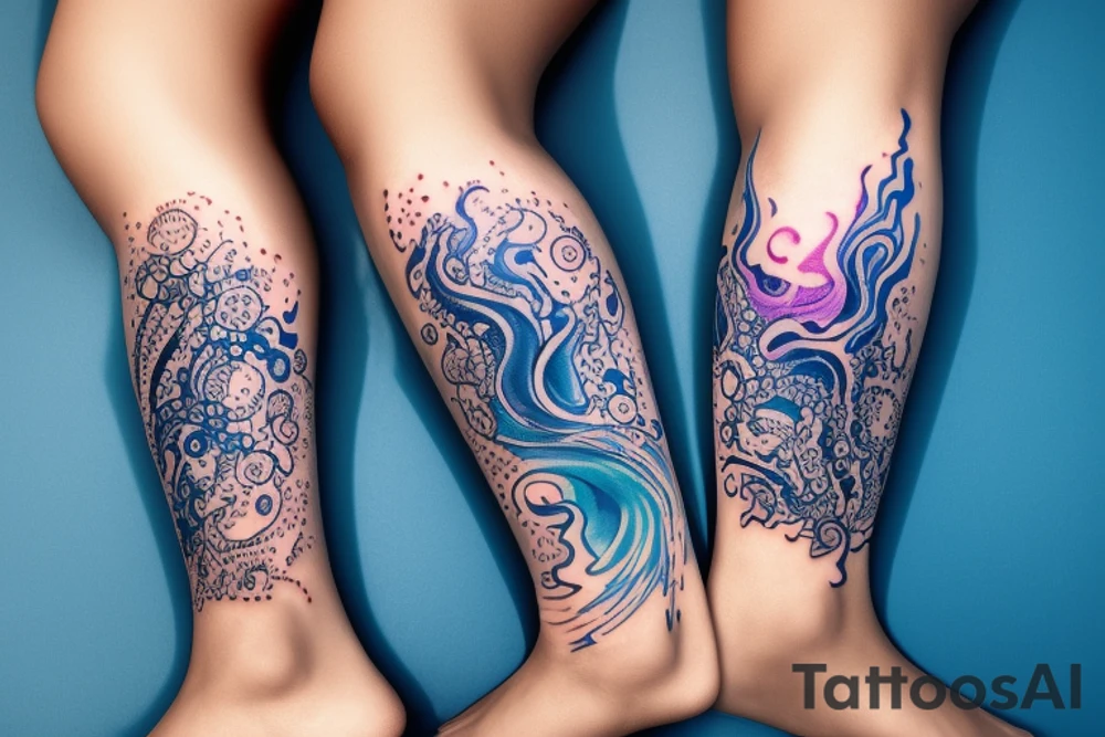 sketch of a tattoo on the upper leg of a girl on the thigh, bubbling water, power, majesty and ceaseless movement, development, flow, use all shades of blue and black,bright,in color,tattoo elongated shape,on a white background crisply, tattoo idea