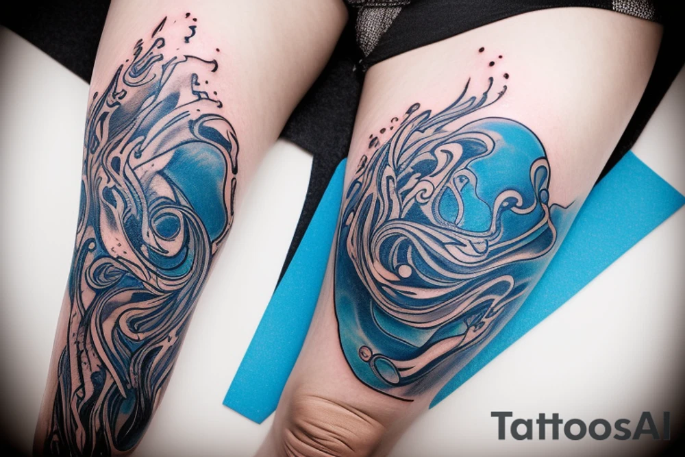 sketch of a tattoo on the upper leg of a girl on the thigh, bubbling water, power, majesty and ceaseless movement, development, flow, use all shades of blue and black,bright,in color,tattoo elongated shape,on a white background crisply, tattoo idea