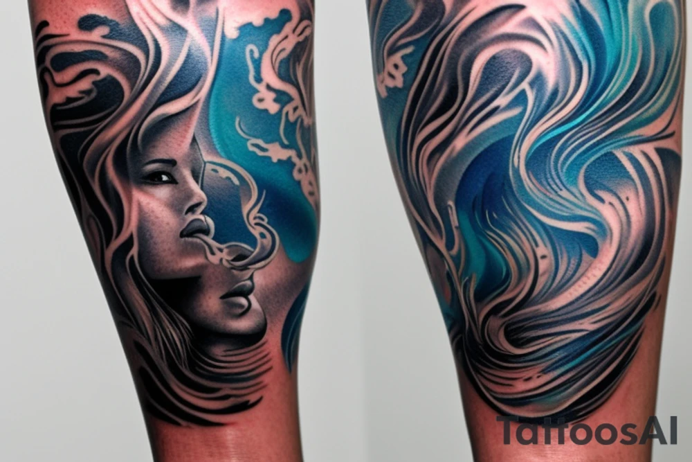 sketch of a tattoo on the upper leg of a girl on the thigh, bubbling water, power, majesty and ceaseless movement, development, flow, use all shades of blue and black,bright,in color,tattoo elongated shape,on a white background crisply, tattoo idea
