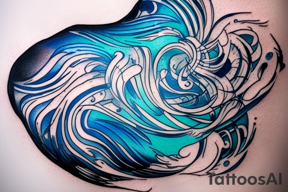 sketch of a tattoo on the upper leg of a girl on the thigh, bubbling water, power, majesty and ceaseless movement, development, flow, use all shades of blue and black,bright,in color,tattoo elongated shape,on a white background crisply, tattoo idea