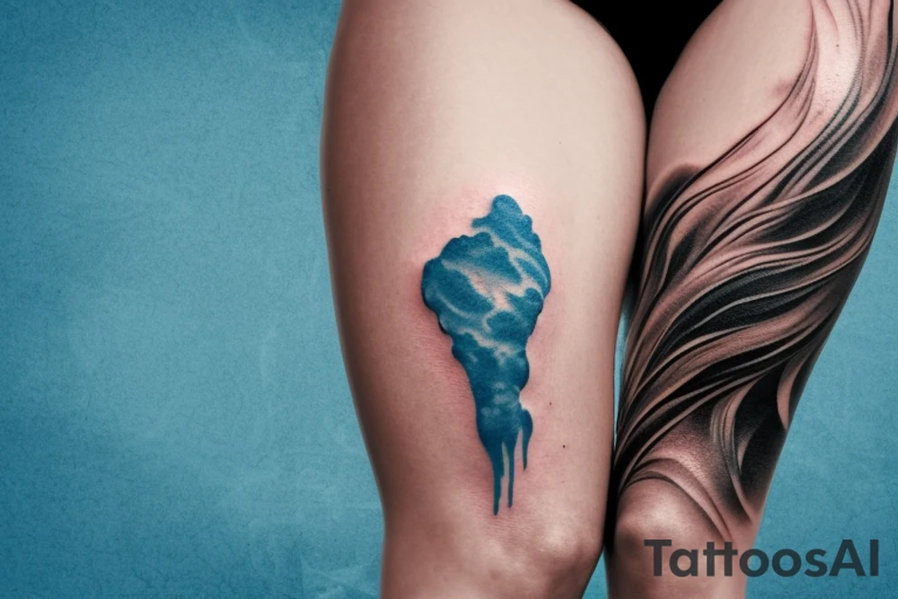 sketch of a tattoo on the upper leg of a girl on the thigh, bubbling water, power, majesty and ceaseless movement, development, flow, use all shades of blue and black,bright,in color,tattoo elongated shape,on a white background crisply, tattoo idea