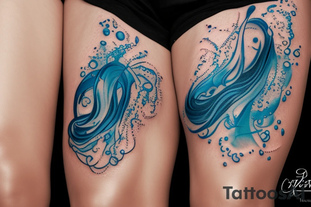 sketch of a tattoo on the upper leg of a girl on the thigh, bubbling water, power, majesty and ceaseless movement, development, flow, use all shades of blue and black,bright,in color,tattoo elongated shape,on a white background crisply, tattoo idea