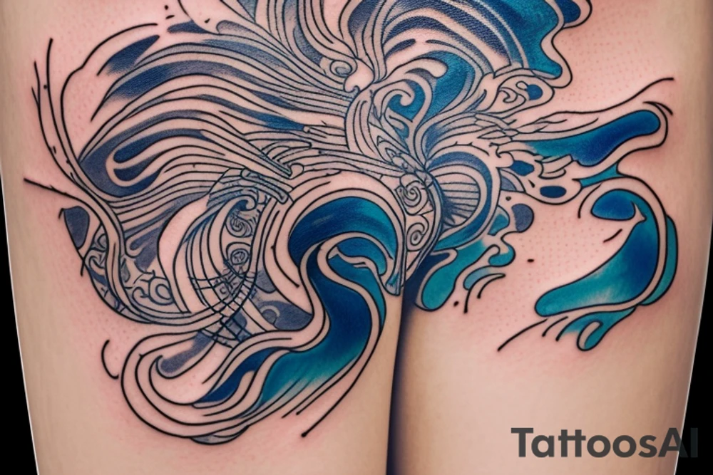 sketch of a tattoo on the upper leg of a girl on the thigh, bubbling water, power, majesty and ceaseless movement, development, flow, use all shades of blue and black,bright,in color,tattoo elongated shape,on a white background crisply, tattoo idea