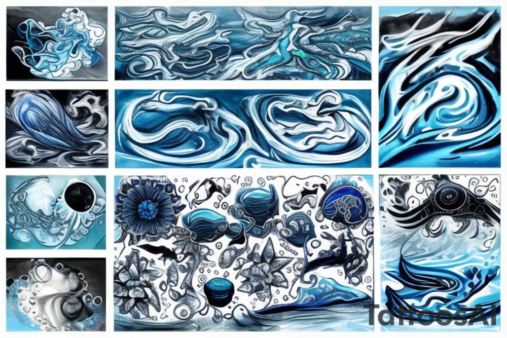 sketch of a tattoo on the upper leg of a girl on the thigh, bubbling water, power, majesty and ceaseless movement, development, flow, use all shades of blue and black,bright,in color,tattoo elongated shape,on a white background crisply, tattoo idea