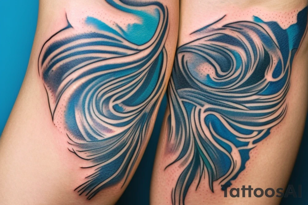 sketch of a tattoo on the upper leg of a girl on the thigh, bubbling water, power, majesty and ceaseless movement, development, flow, use all shades of blue and black,bright,in color,tattoo elongated shape,on a white background crisply, tattoo idea