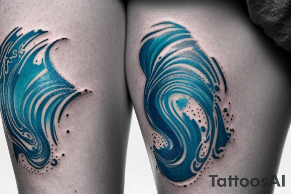 sketch of a tattoo on the upper leg of a girl on the thigh, bubbling water, power, majesty and ceaseless movement, development, flow, use all shades of blue and black,bright,in color,tattoo elongated shape,on a white background crisply, tattoo idea