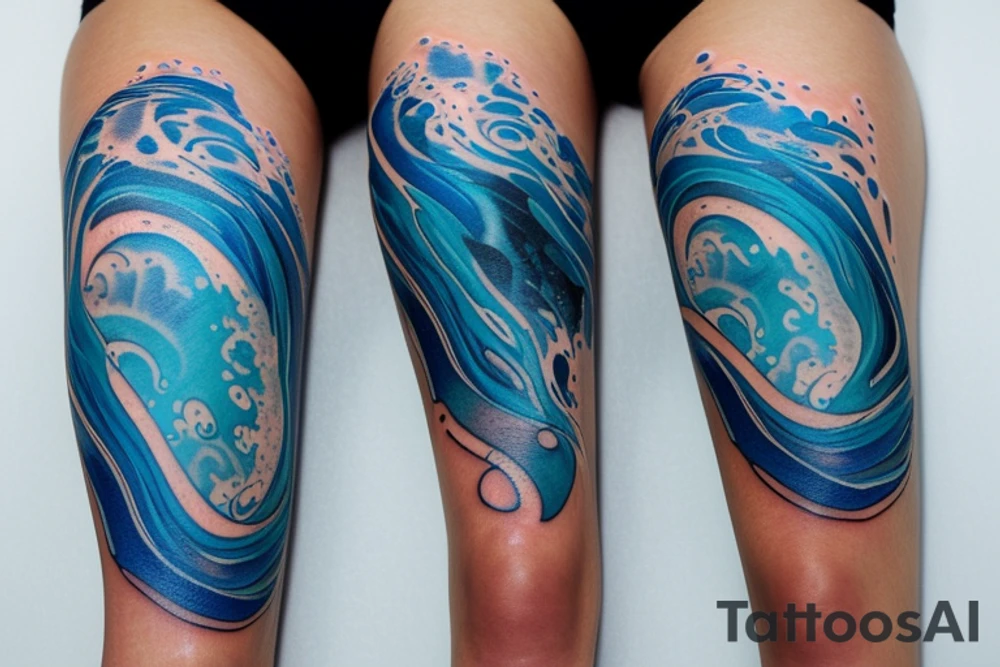 sketch of a tattoo on the upper leg of a girl on the thigh, bubbling water, power, majesty and ceaseless movement, development, flow, use all shades of blue and black,bright,in color,tattoo elongated shape,on a white background crisply, tattoo idea