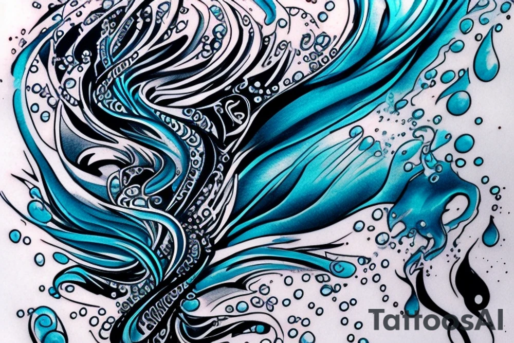 sketch of a tattoo on the upper leg of a girl on the thigh, bubbling water, power, majesty and ceaseless movement, development, flow, use all shades of blue and black,bright,in color,tattoo elongated shape,on a white background crisply, tattoo idea