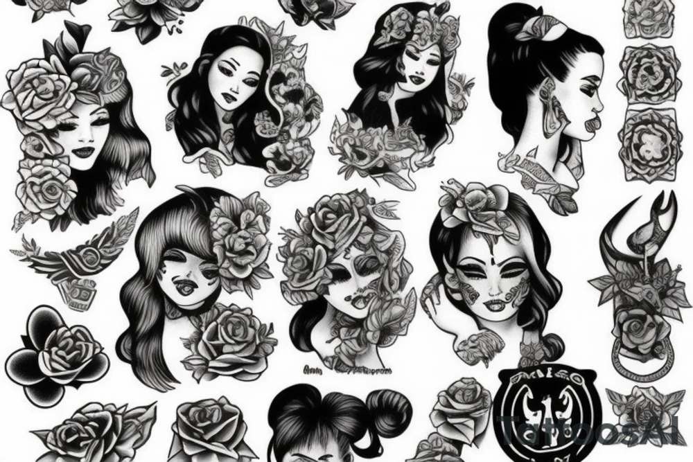 a girl in tattoos in the style of Sailor Jerry tattoo idea