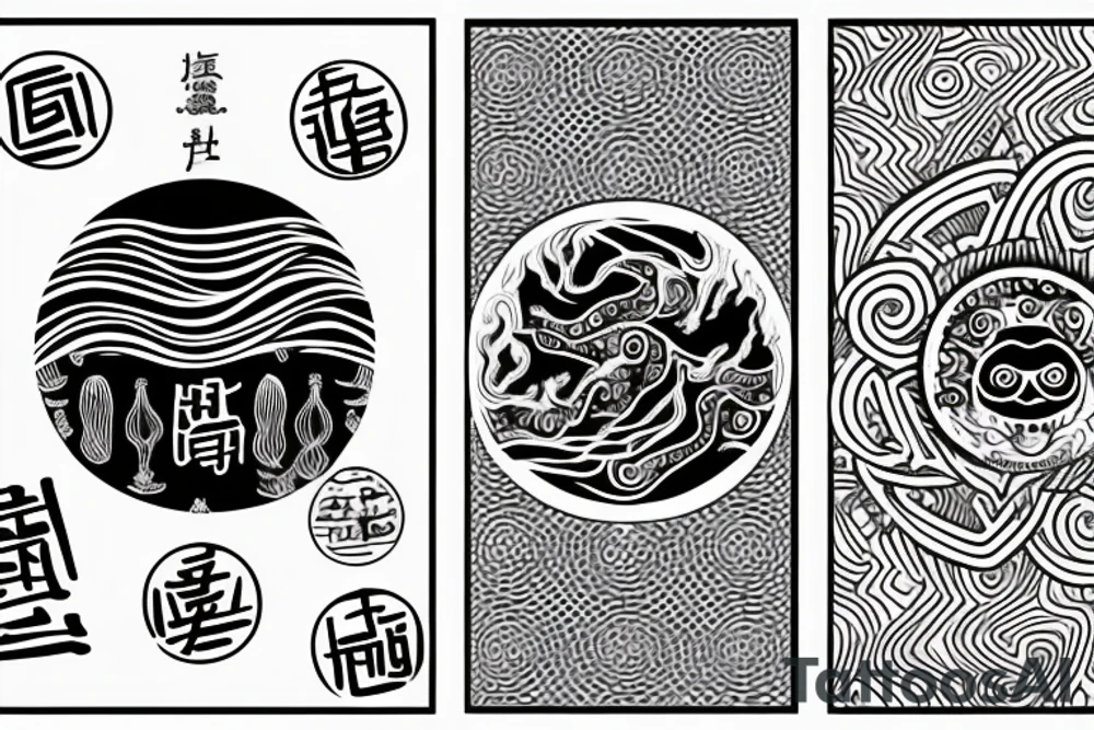 Sketch of a tattoo, Yin character, in the form of water, two hieroglyphs one from the bottom and one from the spherical tattoo idea