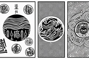 Sketch of a tattoo, Yin character, in the form of water, two hieroglyphs one from the bottom and one from the spherical tattoo idea