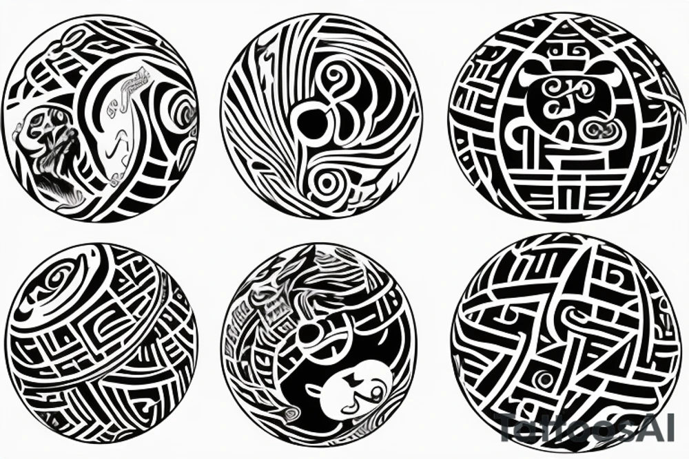 Sketch of a tattoo, Yin character, in the form of water, two hieroglyphs one from the bottom and one from the spherical tattoo idea