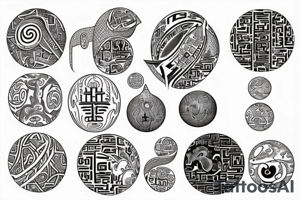 Sketch of a tattoo, Yin character, in the form of water, two hieroglyphs one from the bottom and one from the spherical ,bright,in color, tattoo elongated shape, on a white background, not crinkling tattoo idea