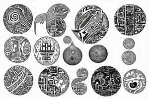 Sketch of a tattoo, Yin character, in the form of water, two hieroglyphs one from the bottom and one from the spherical ,bright,in color, tattoo elongated shape, on a white background, not crinkling tattoo idea