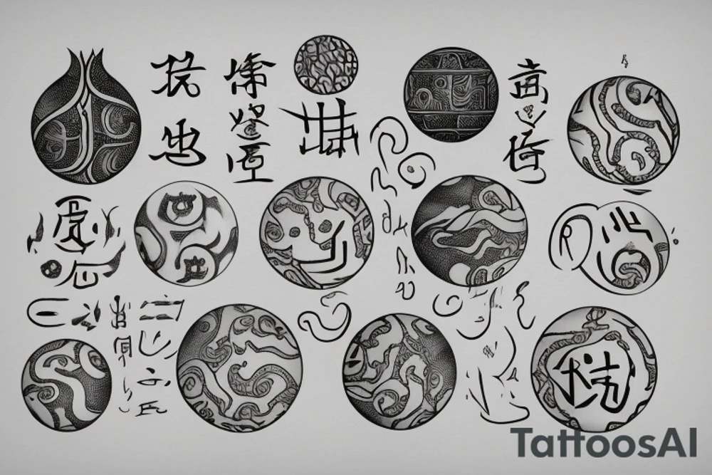 Sketch of a tattoo, Yin character, in the form of water, two hieroglyphs one from the bottom and one from the spherical ,bright,in color, tattoo elongated shape, on a white background, not crinkling tattoo idea