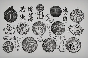 Sketch of a tattoo, Yin character, in the form of water, two hieroglyphs one from the bottom and one from the spherical ,bright,in color, tattoo elongated shape, on a white background, not crinkling tattoo idea