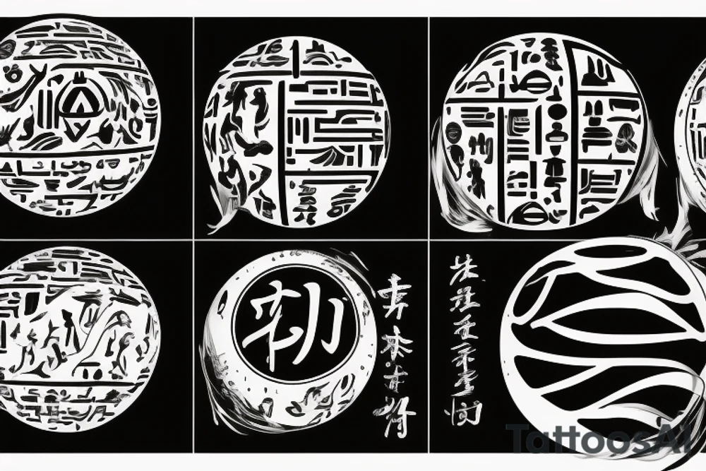 Sketch of a tattoo, Yin character, in the form of water, two hieroglyphs one from the bottom and one from the spherical ,bright,in color, tattoo elongated shape, on a white background, not crinkling tattoo idea