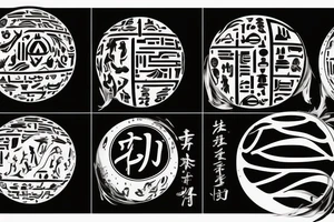 Sketch of a tattoo, Yin character, in the form of water, two hieroglyphs one from the bottom and one from the spherical ,bright,in color, tattoo elongated shape, on a white background, not crinkling tattoo idea
