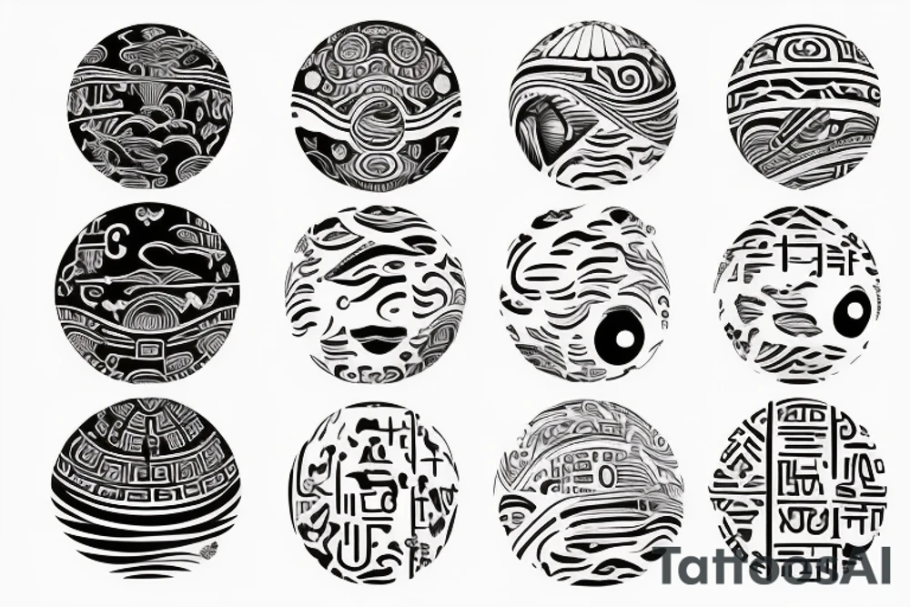 Sketch of a tattoo, Yin character, in the form of water, two hieroglyphs one from the bottom and one from the spherical ,bright,in color, tattoo elongated shape, on a white background, not crinkling tattoo idea