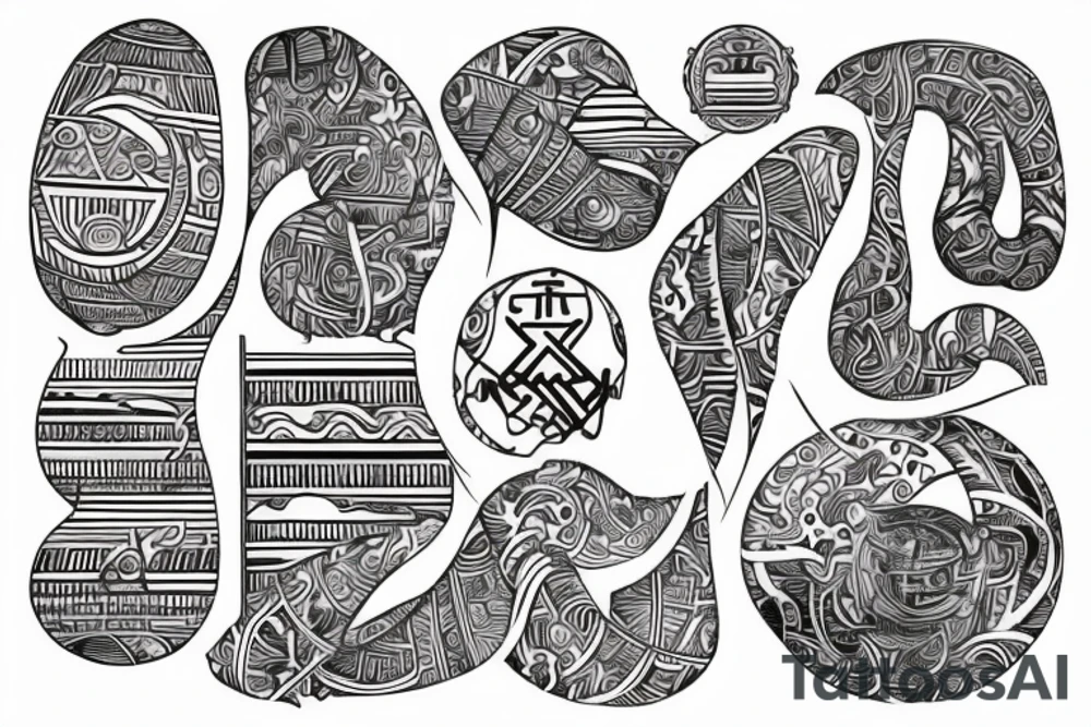 Sketch of a tattoo, bright,in color, tattoo elongated shape, on a white background, not crinkling,Yin character, in the form of water, two hieroglyphs one from the bottom and one from the spherical , tattoo idea