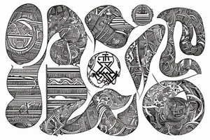 Sketch of a tattoo, bright,in color, tattoo elongated shape, on a white background, not crinkling,Yin character, in the form of water, two hieroglyphs one from the bottom and one from the spherical , tattoo idea
