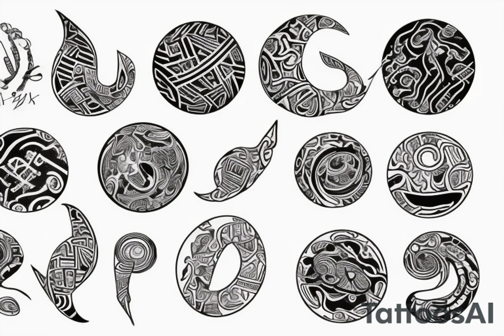 Sketch of a tattoo, bright,in color, tattoo elongated shape, on a white background, not crinkling,Yin character, in the form of water, two hieroglyphs one from the bottom and one from the spherical , tattoo idea