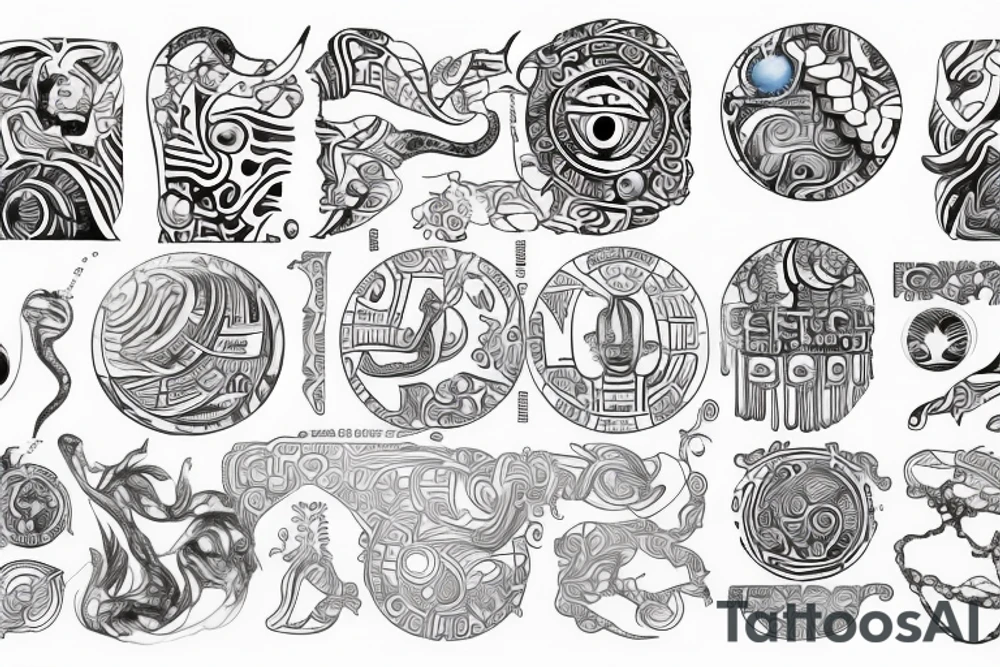 Sketch of a tattoo, bright,in color, tattoo elongated shape, on a white background, not crinkling,Yin character, in the form of water, two hieroglyphs one from the bottom and one from the spherical , tattoo idea