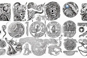 Sketch of a tattoo, bright,in color, tattoo elongated shape, on a white background, not crinkling,Yin character, in the form of water, two hieroglyphs one from the bottom and one from the spherical , tattoo idea