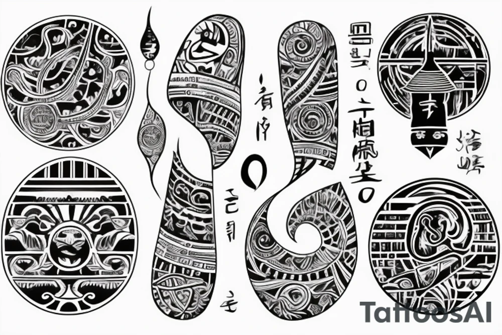 Sketch of a tattoo, bright,in color, tattoo elongated shape, on a white background, not crinkling,Yin character, in the form of water, two hieroglyphs one from the bottom and one from the spherical , tattoo idea