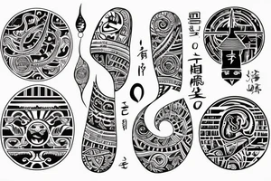 Sketch of a tattoo, bright,in color, tattoo elongated shape, on a white background, not crinkling,Yin character, in the form of water, two hieroglyphs one from the bottom and one from the spherical , tattoo idea
