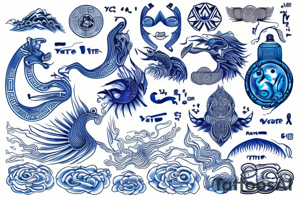 Yin water hieroglyph, all shades of blue, black, Yin symbol tattoo idea