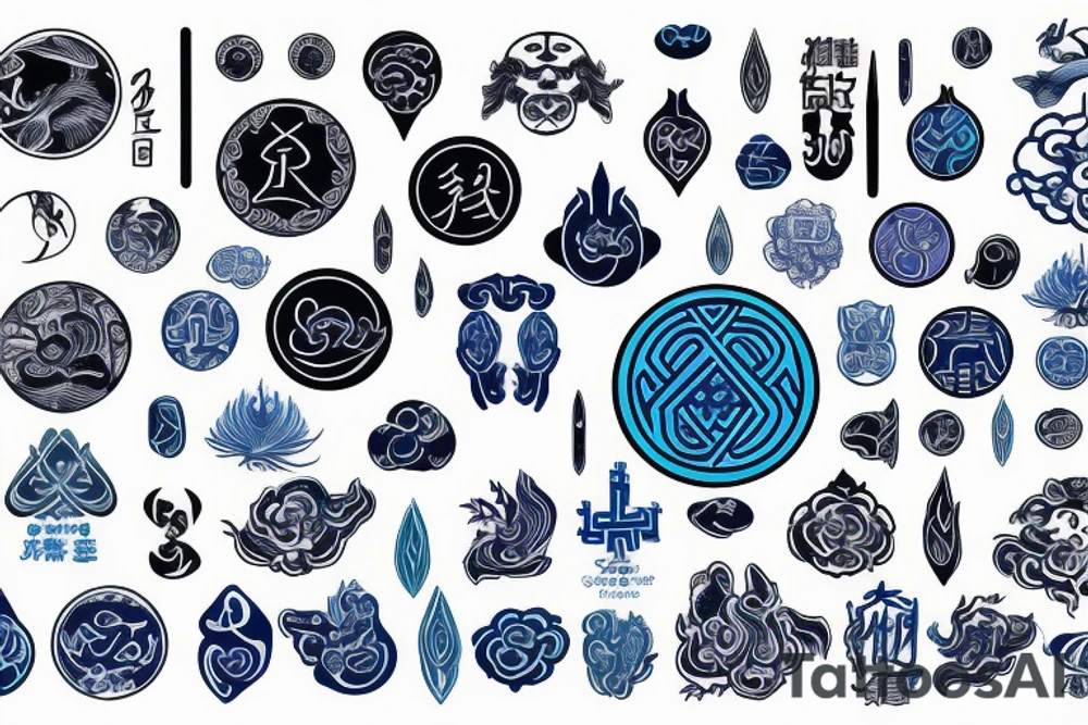 Yin water hieroglyph, all shades of blue, black, Yin symbol tattoo idea