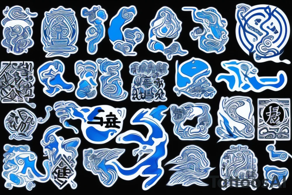 Yin water hieroglyph, all shades of blue, black, Yin symbol tattoo idea