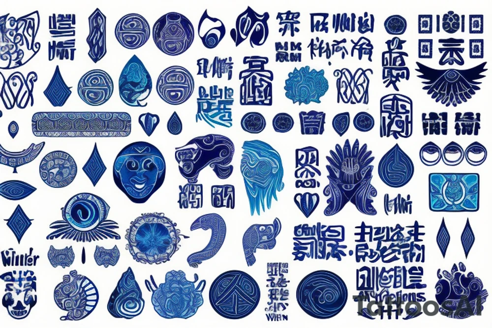 Yin water hieroglyph, all shades of blue, black, Yin symbol tattoo idea