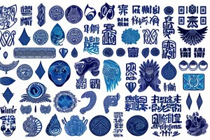 Yin water hieroglyph, all shades of blue, black, Yin symbol tattoo idea