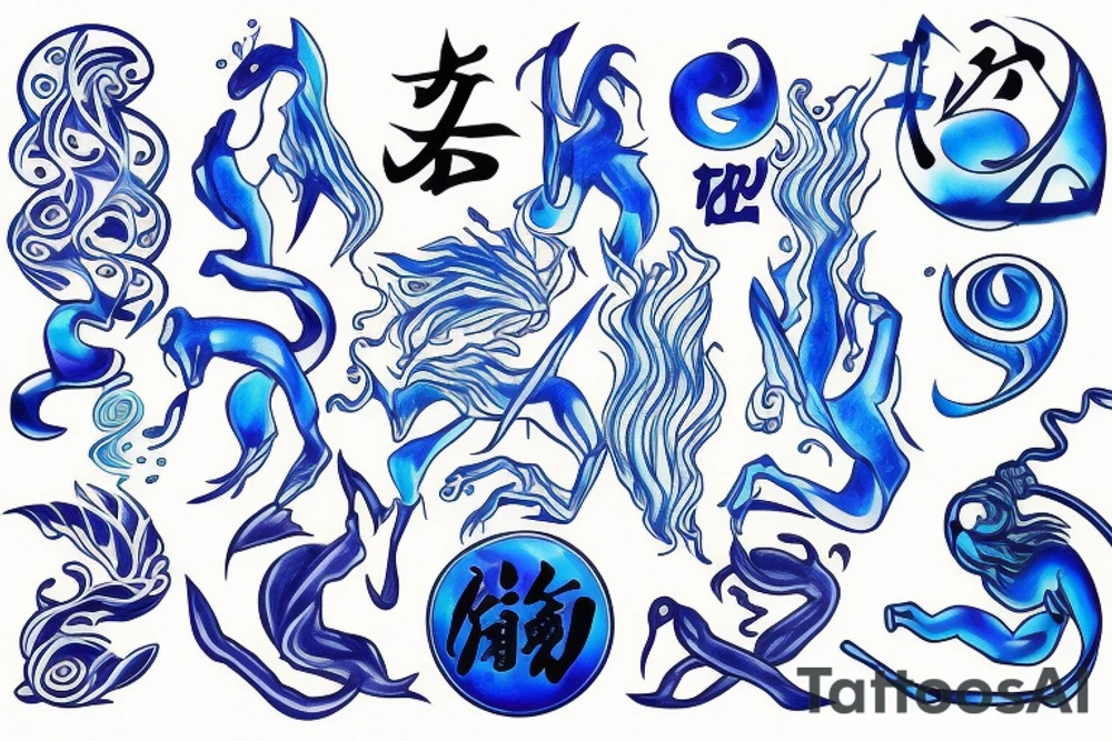 Yin water hieroglyph, all shades of blue, black, Yin symbol tattoo idea