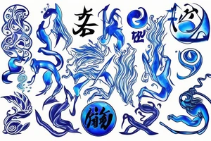 Yin water hieroglyph, all shades of blue, black, Yin symbol tattoo idea