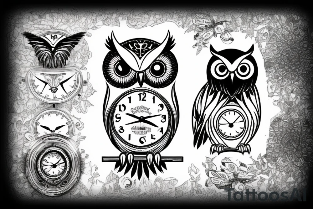 Owl with a clock for one of its eyes tattoo idea