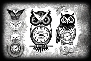 Owl with a clock for one of its eyes tattoo idea