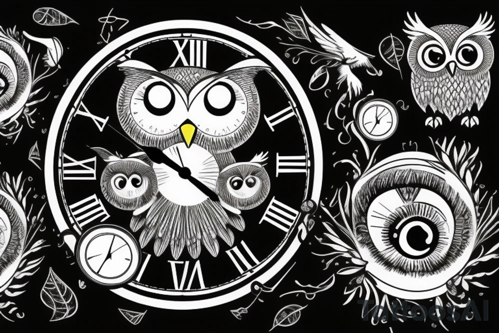 Owl with a clock for one eyeball tattoo idea