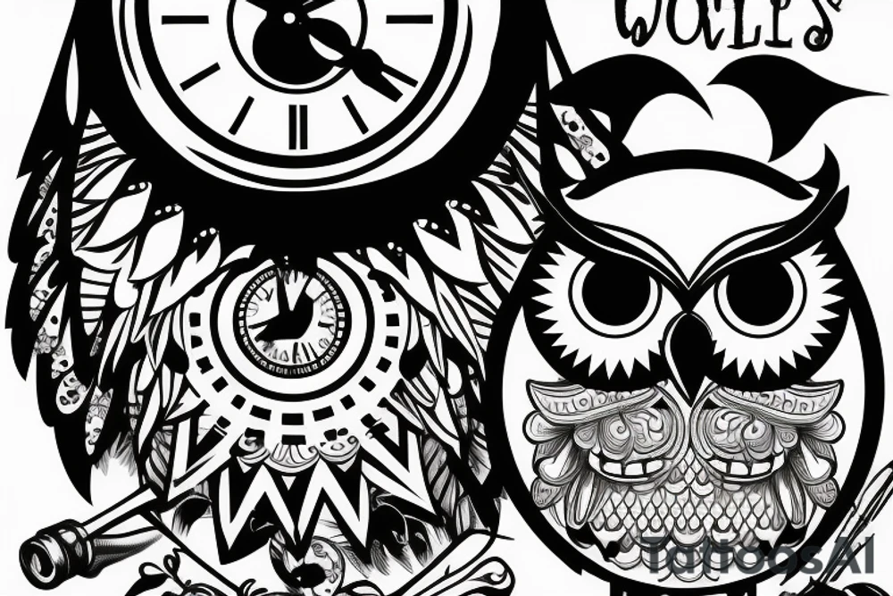 Owl with a clock for one eyeball tattoo idea