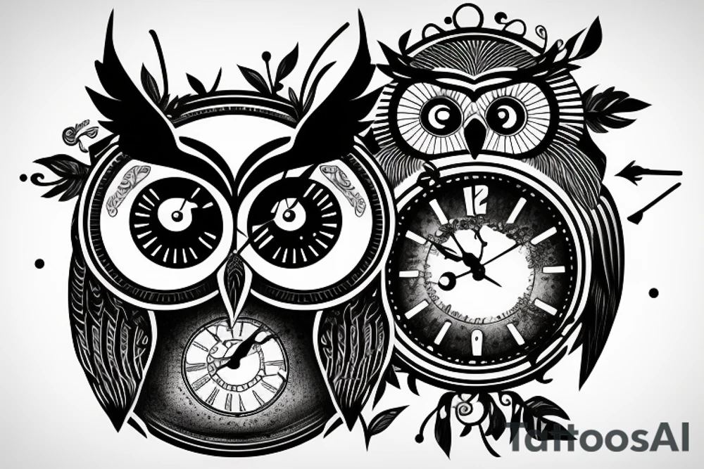 Owl with a broken clock for one eyeball tattoo idea Owl with a broken clock for one eyeball tattoo idea