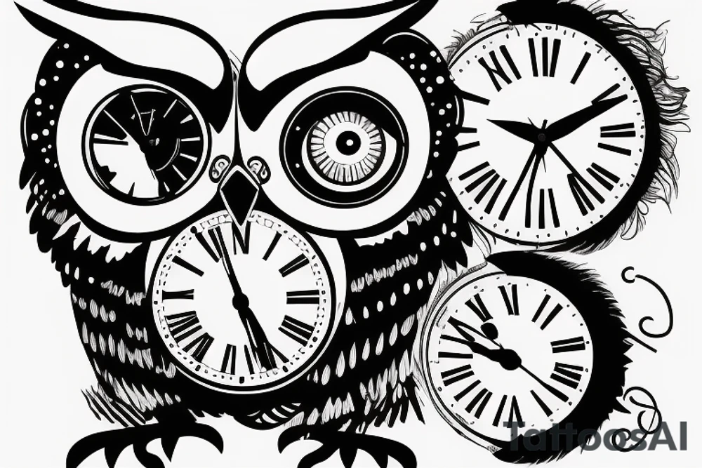 Owl with a broken clock for one eyeball tattoo idea Owl with a broken clock for one eyeball tattoo idea