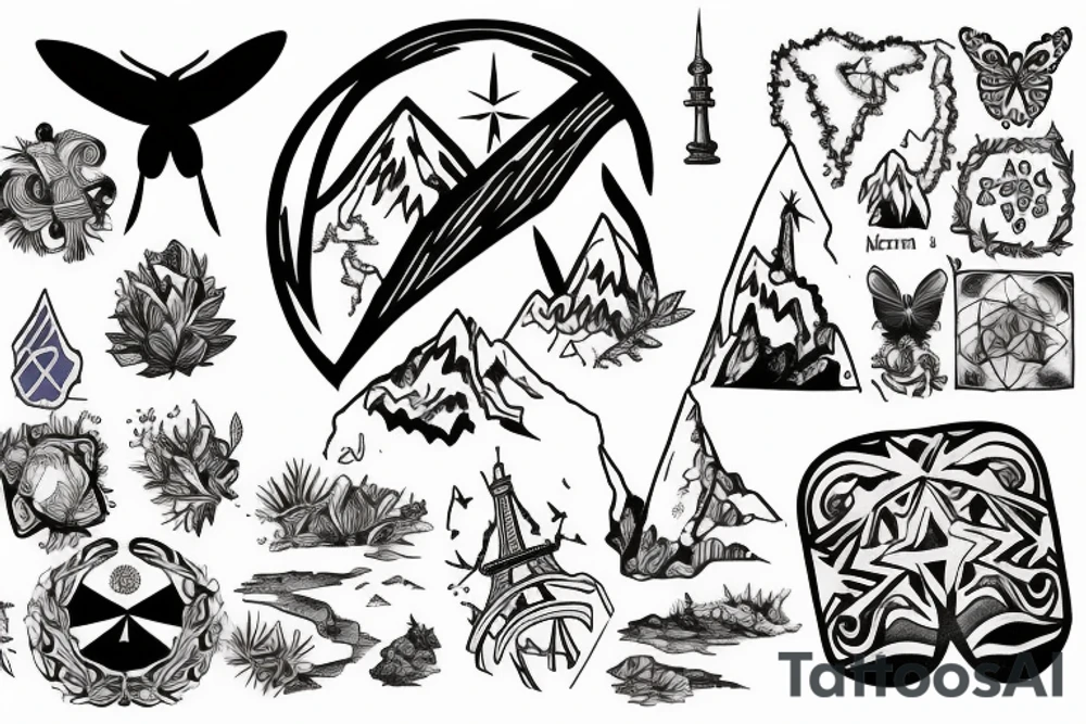 A mix of elements that represent me and my beliefs.
Mountain top and iceberg
Ocean and sand
A symbol of Argentina, Lebanon and France
Symbol of family and continuity
A butterfly and a dove
Layers
Contradictions
Opposites tattoo idea