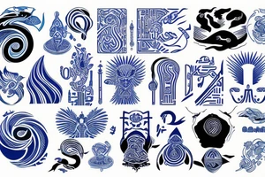 Sketch of a tattoo, on a white background, the hieroglyph of water yin, all shades of blue, black, hieroglyph in the form of water, tattoo idea