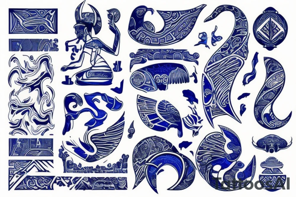 Sketch of a tattoo, on a white background, the hieroglyph of water yin, all shades of blue, black, hieroglyph in the form of water, tattoo idea