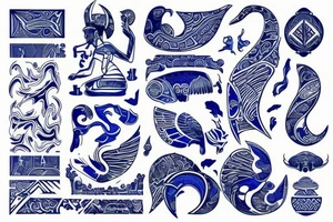 Sketch of a tattoo, on a white background, the hieroglyph of water yin, all shades of blue, black, hieroglyph in the form of water, tattoo idea