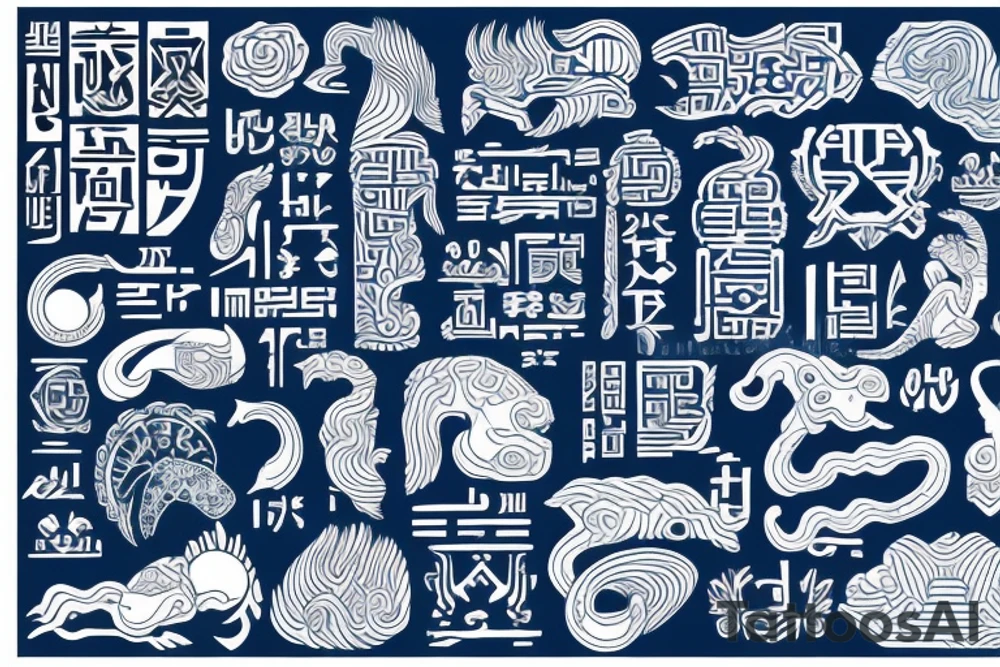 Yin water hieroglyph, all shades of blue, black, water-shaped hieroglyph, tattoo idea
