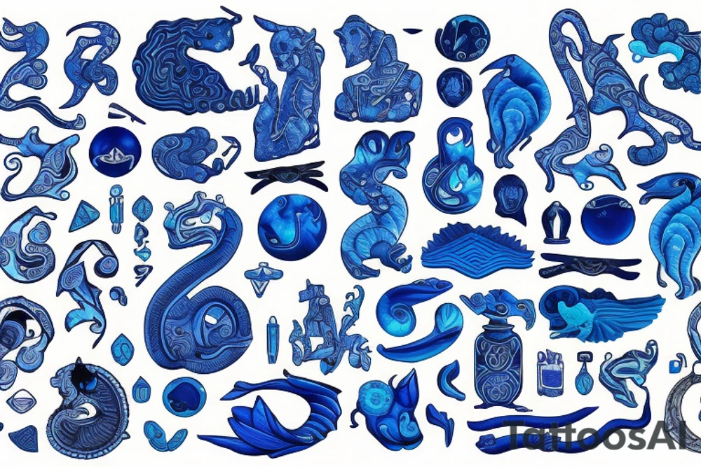 Yin water hieroglyph, all shades of blue, black, water-shaped hieroglyph, tattoo idea