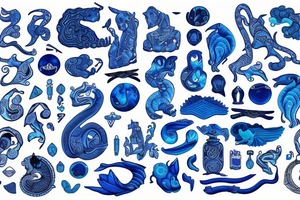 Yin water hieroglyph, all shades of blue, black, water-shaped hieroglyph, tattoo idea